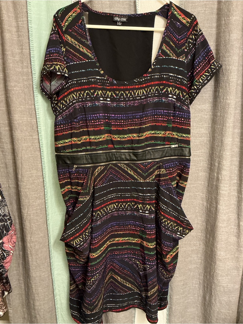 City Chic Black Short Sleeve Tribal Stripe Dress with Faux Leather Waist